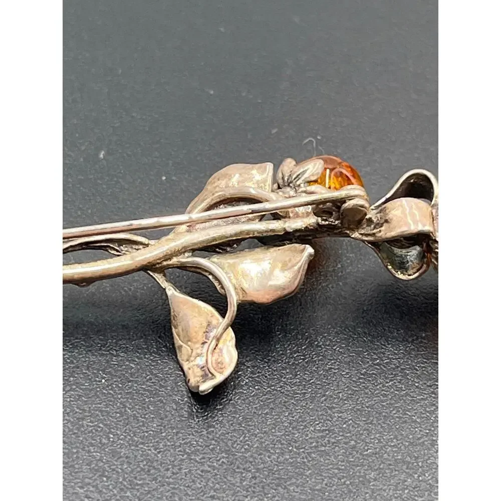 Baltic Cognac Amber Double Rose Brooch 925 Sterling‎ Silver Hand Carved Signed